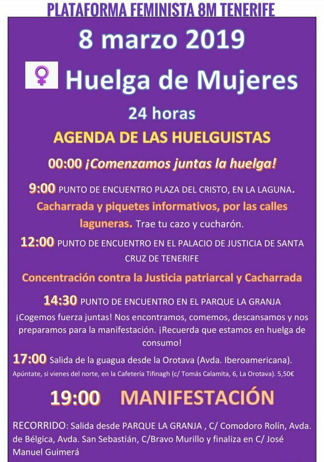 Programa de acciones concebido por la Plataforma Feminista 8M de Tenerife para la Huelga de la Mujer de este viernes